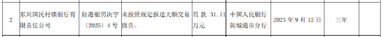 东兴国民村镇银行被罚31.11万元：未按照规定报送大额交易报告